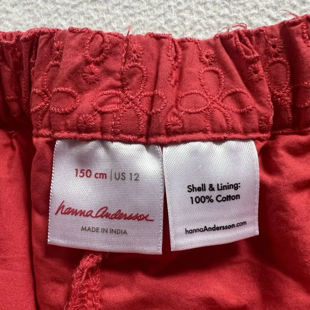 Hanna Andersson Tomato Red Scallop Embroidered Pull On Airy Eyelet Shorts 150 12